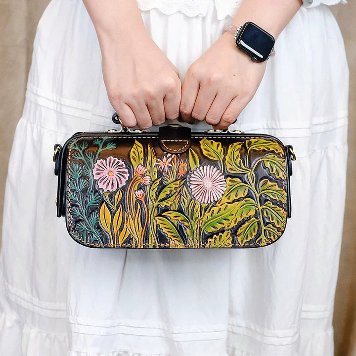 Hand-Tooled Floral Leather Doctor Bag with Crossbody Strap