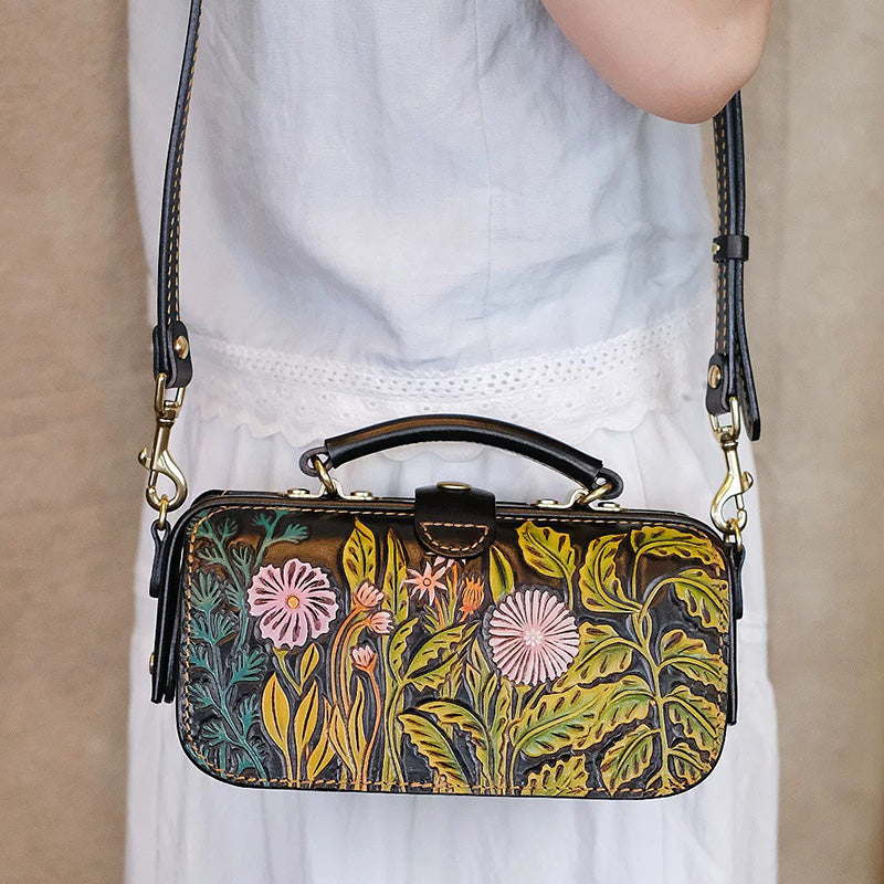 Hand-Tooled Floral Leather Doctor Bag with Crossbody Strap