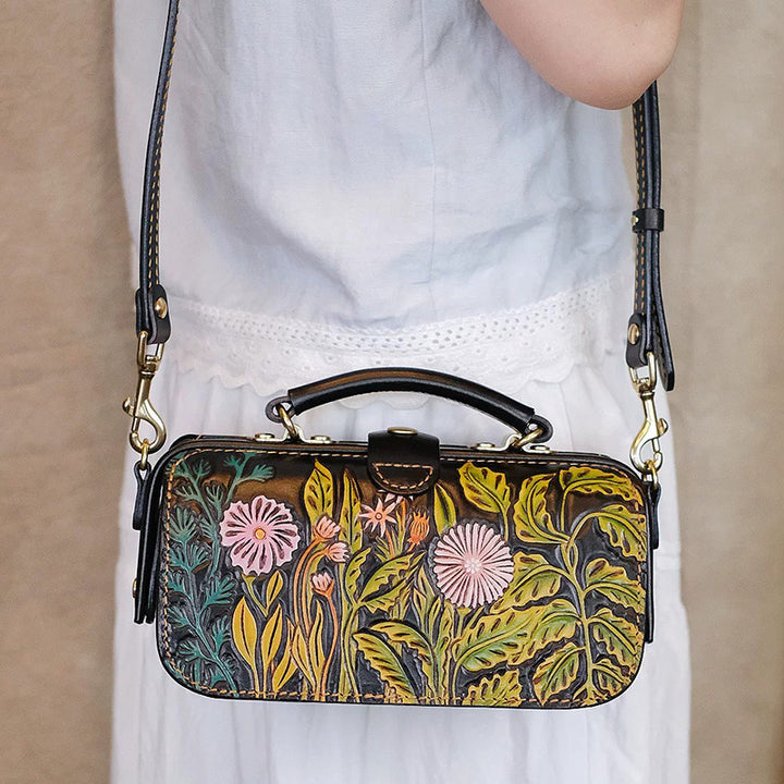 Hand-Tooled Floral Leather Doctor Bag with Crossbody Strap