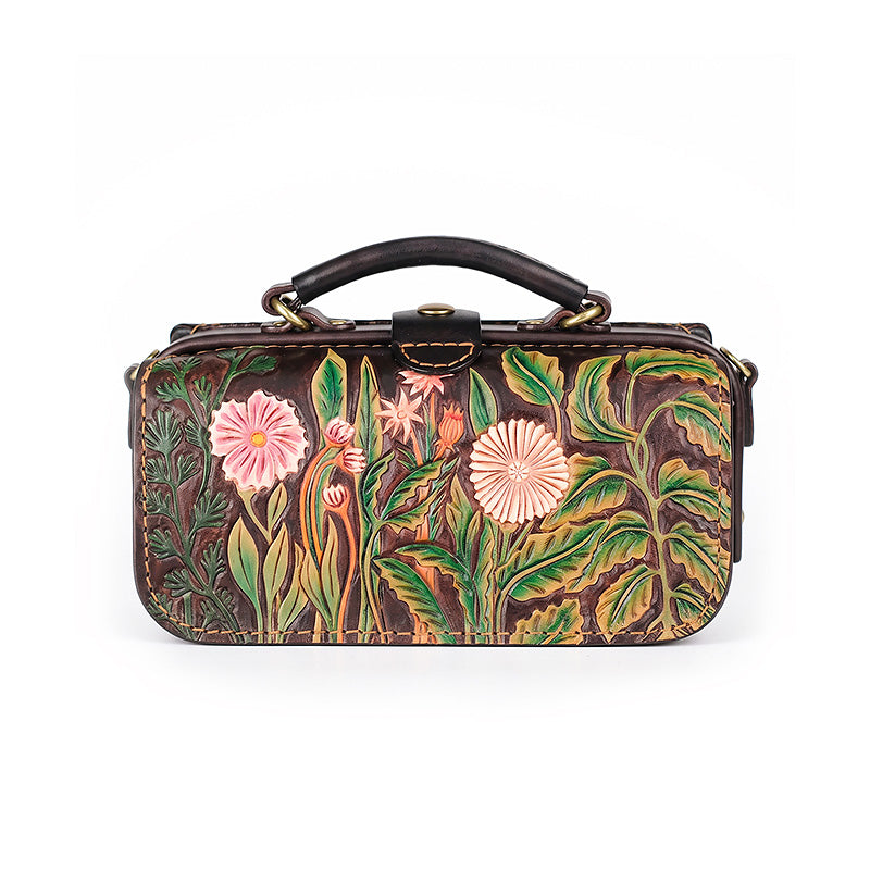 Hand-Tooled Floral Leather Doctor Bag with Crossbody Strap