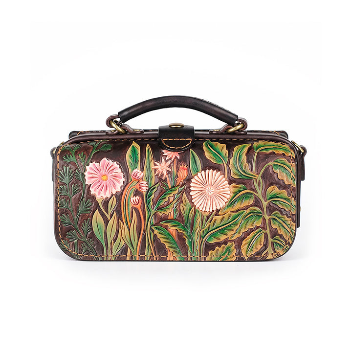 Hand-Tooled Floral Leather Doctor Bag with Crossbody Strap