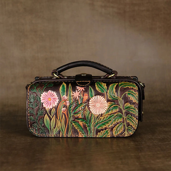 Hand-Tooled Floral Leather Doctor Bag with Crossbody Strap