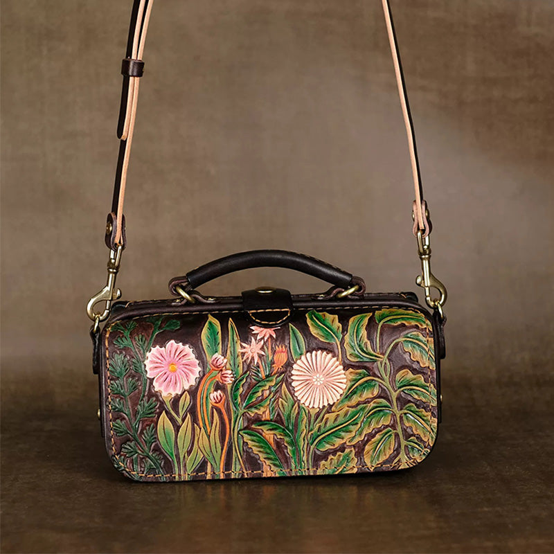 Hand-Tooled Floral Leather Doctor Bag with Crossbody Strap