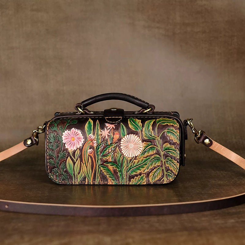 Hand-Tooled Floral Leather Doctor Bag with Crossbody Strap