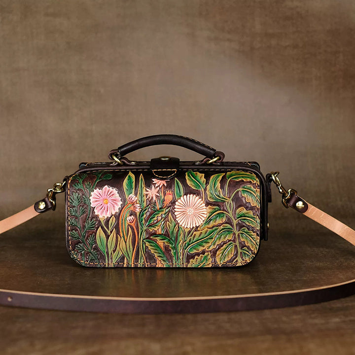 Hand-Tooled Floral Leather Doctor Bag with Crossbody Strap