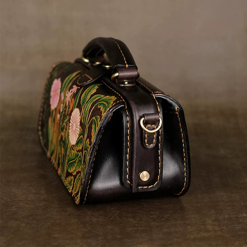 Hand-Tooled Floral Leather Doctor Bag with Crossbody Strap