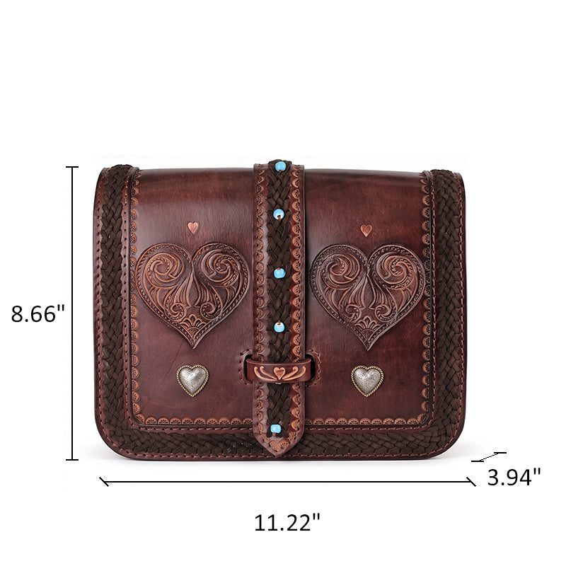 Hand-Tooled Leather Crossbody Bag with Heart Motifs