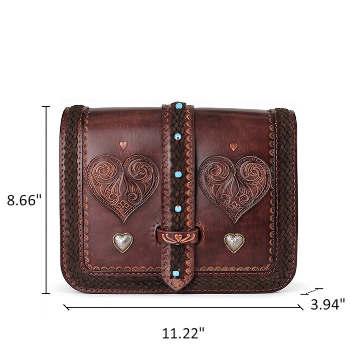 Hand-Tooled Leather Crossbody Bag with Heart Motifs