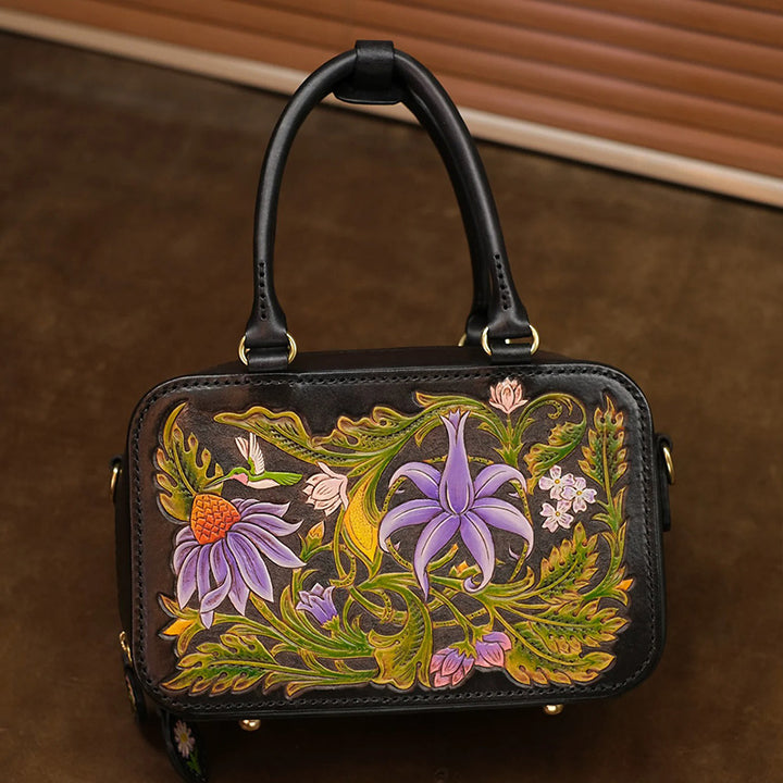 Floral Tooled Leather Top Handle Bag with Crossbody Strap