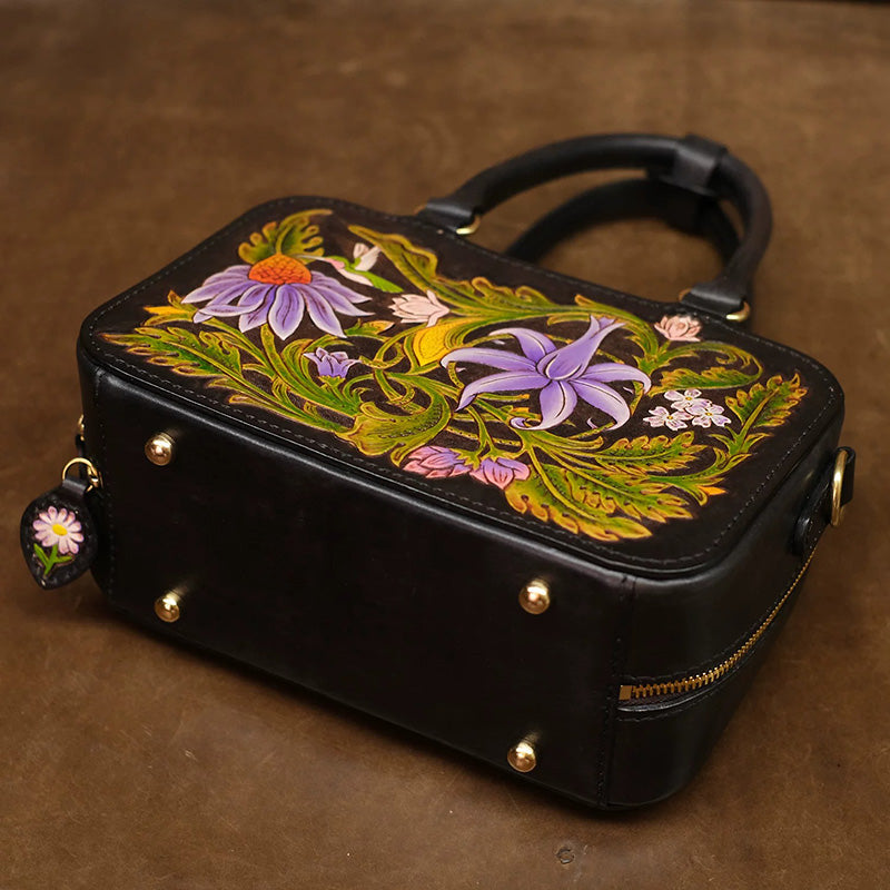 Floral Tooled Leather Top Handle Bag with Crossbody Strap