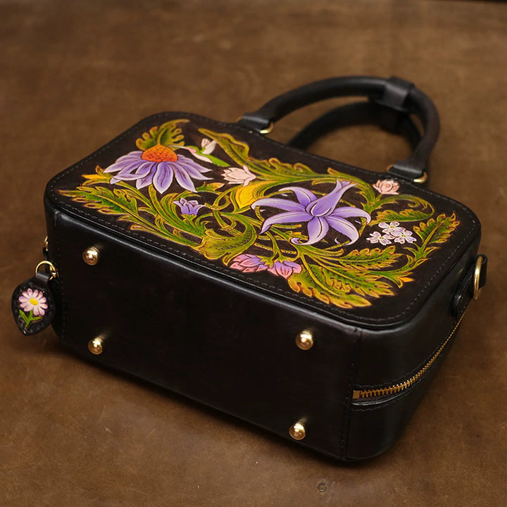 Floral Tooled Leather Top Handle Bag with Crossbody Strap