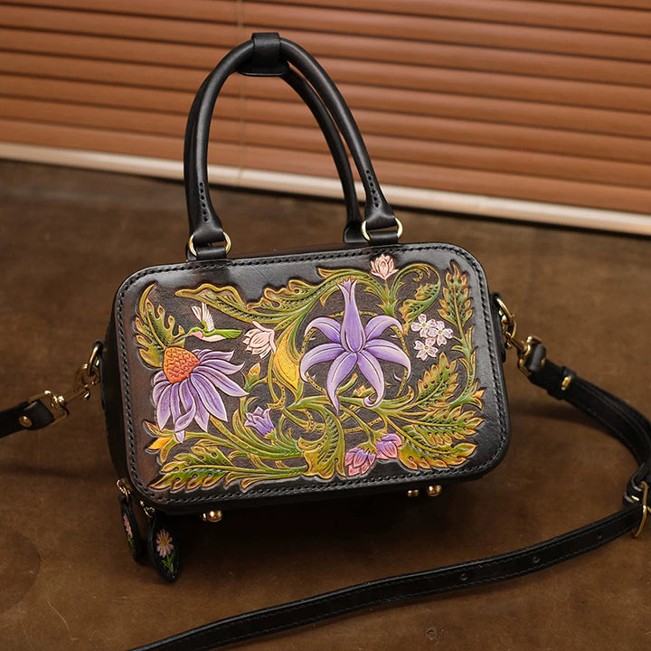 Floral Tooled Leather Top Handle Bag with Crossbody Strap