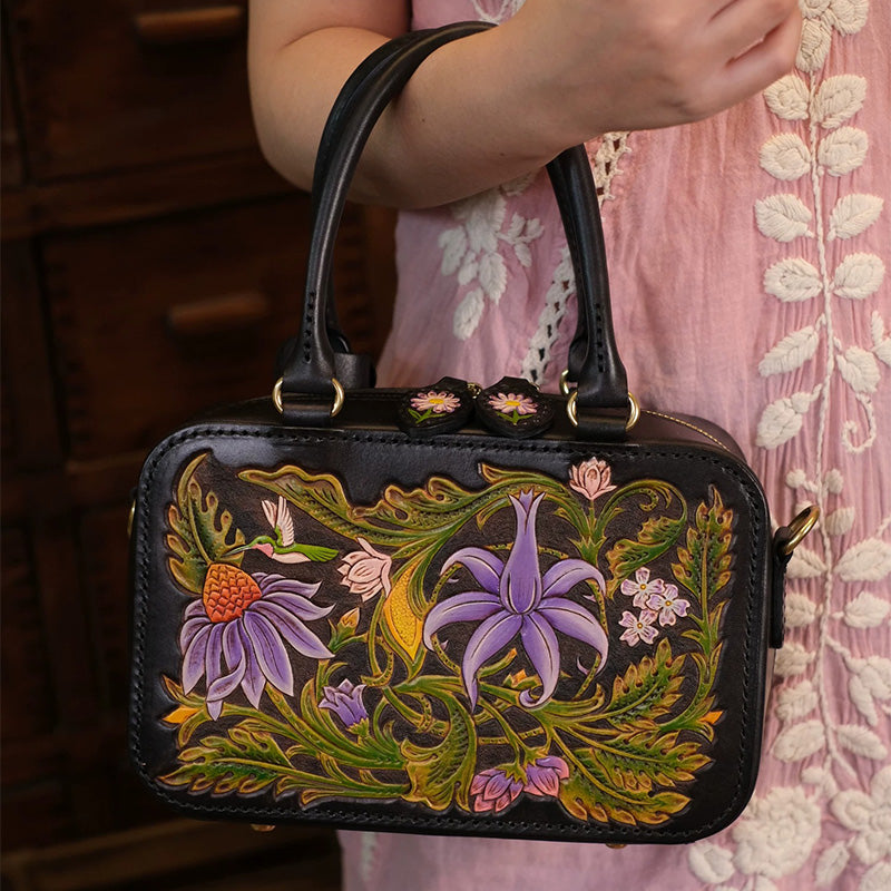 Floral Tooled Leather Top Handle Bag with Crossbody Strap