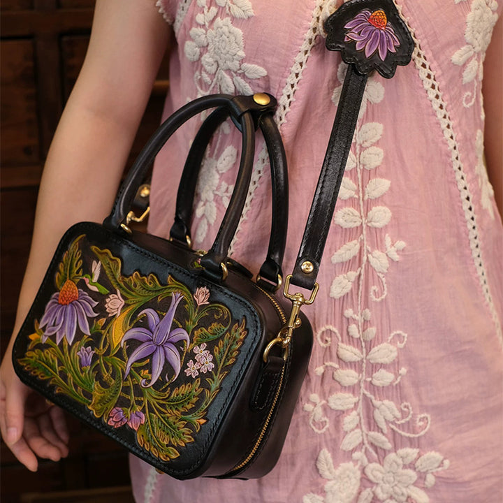 Floral Tooled Leather Top Handle Bag with Crossbody Strap