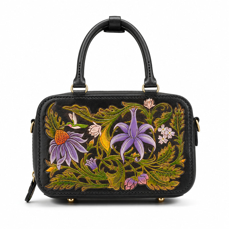 Floral Tooled Leather Top Handle Bag with Crossbody Strap