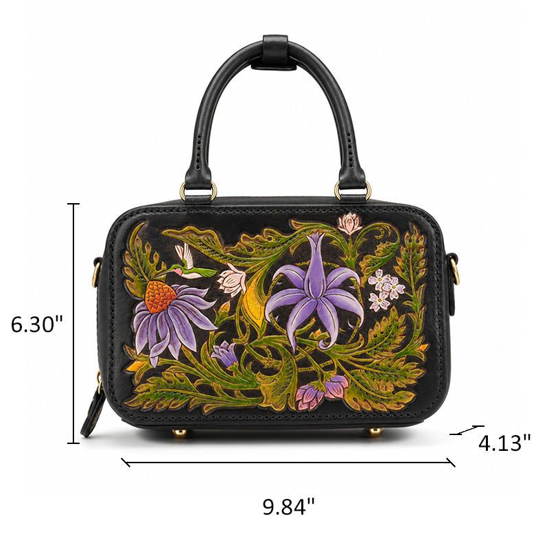 Floral Tooled Leather Top Handle Bag with Crossbody Strap