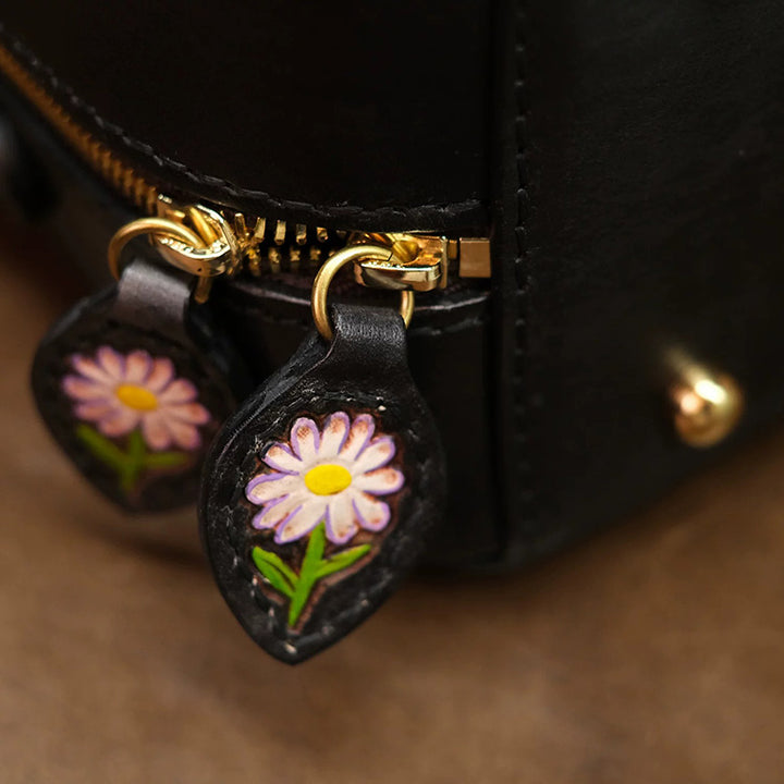 Floral Tooled Leather Top Handle Bag with Crossbody Strap