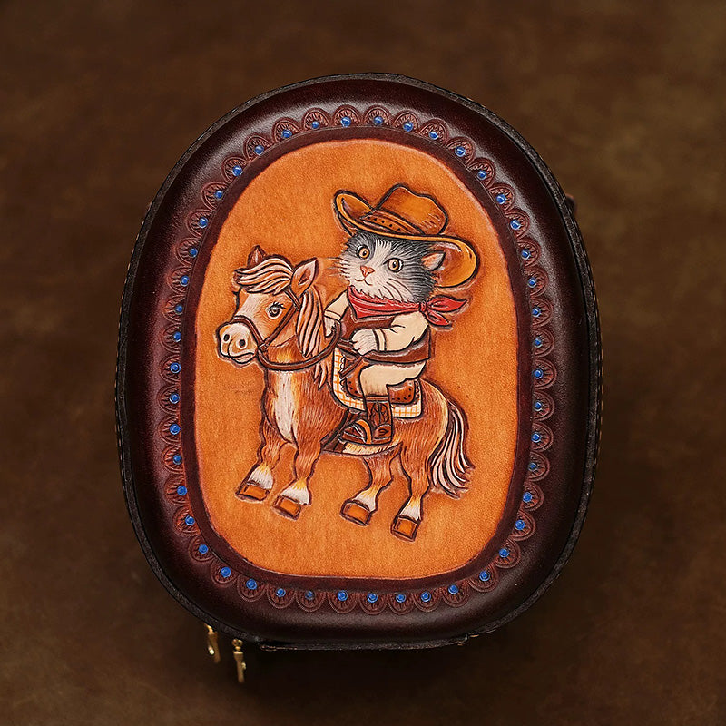 Leather Crossbody Bag with Hand-Tooled Cowboy Cat Design