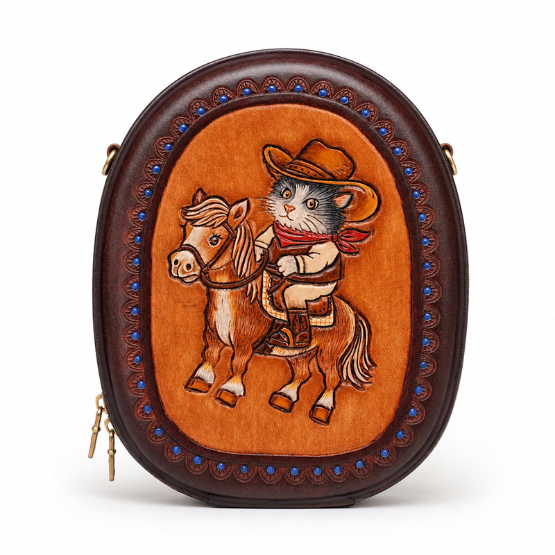 Leather Crossbody Bag with Hand-Tooled Cowboy Cat Design