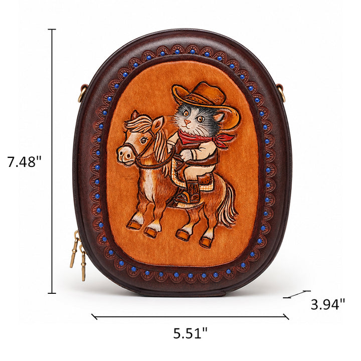 Leather Crossbody Bag with Hand-Tooled Cowboy Cat Design