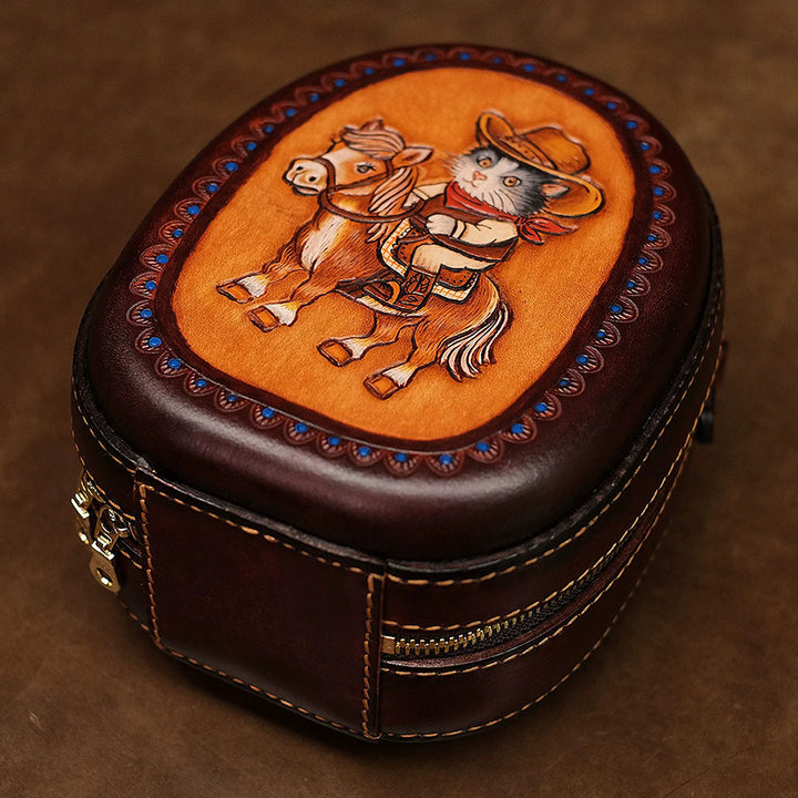 Leather Crossbody Bag with Hand-Tooled Cowboy Cat Design