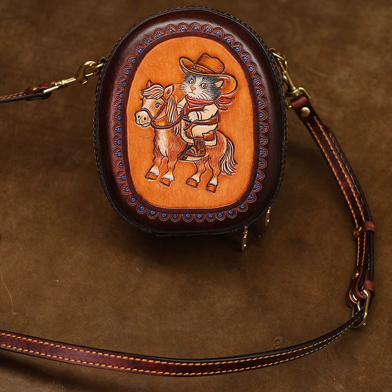 Leather Crossbody Bag with Hand-Tooled Cowboy Cat Design