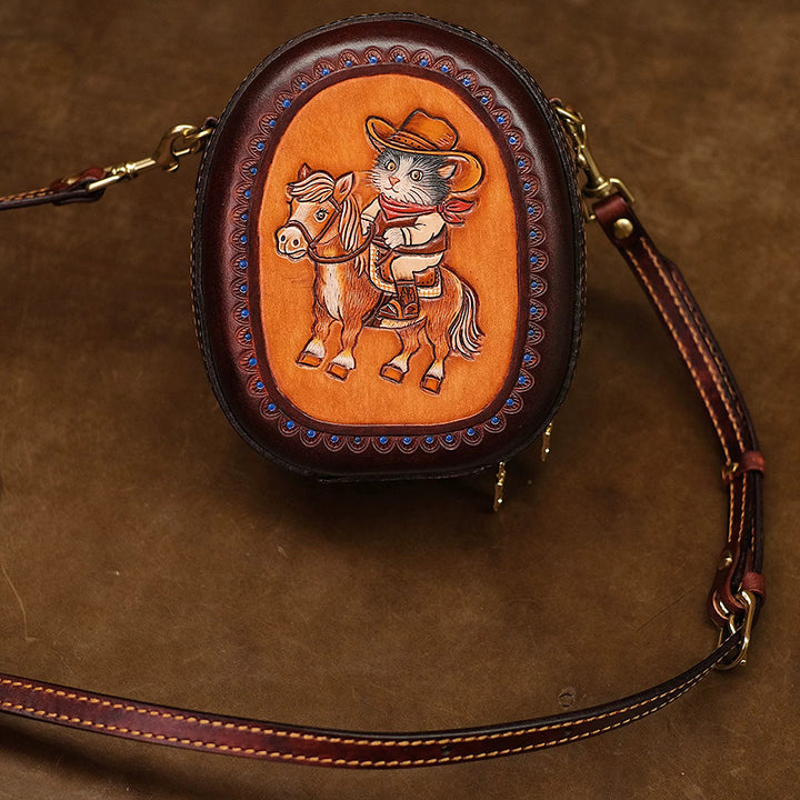 Leather Crossbody Bag with Hand-Tooled Cowboy Cat Design