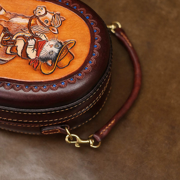 Leather Crossbody Bag with Hand-Tooled Cowboy Cat Design