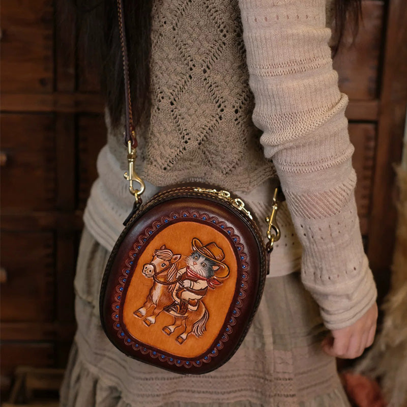 Leather Crossbody Bag with Hand-Tooled Cowboy Cat Design