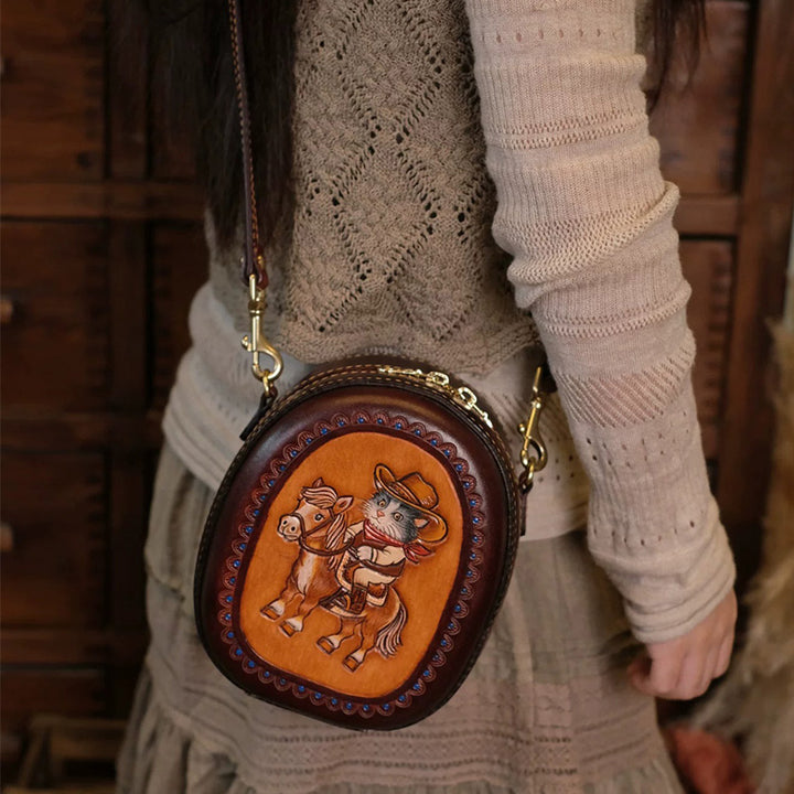 Leather Crossbody Bag with Hand-Tooled Cowboy Cat Design