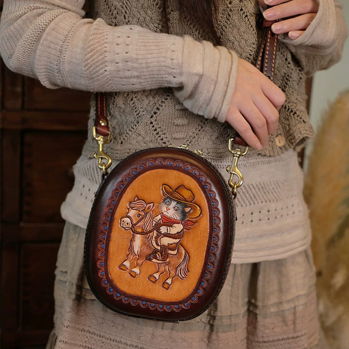 Leather Crossbody Bag with Hand-Tooled Cowboy Cat Design