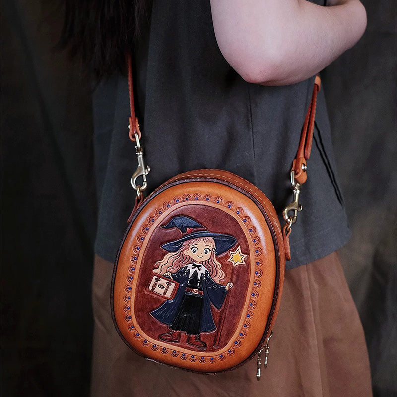 Crossbody Bag Vegetable-Tanned Leather with Witch Artwork and Detachable Top Handle