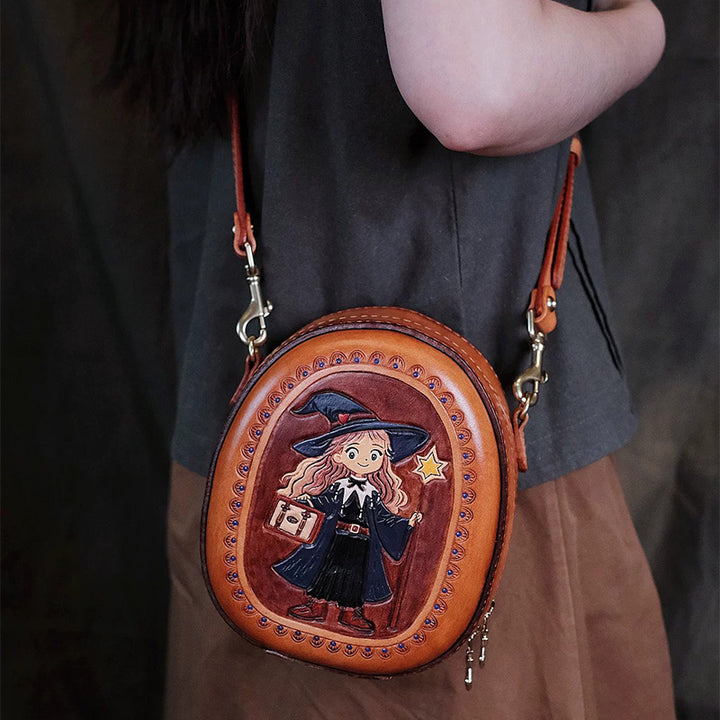Crossbody Bag Vegetable-Tanned Leather with Witch Artwork and Detachable Top Handle