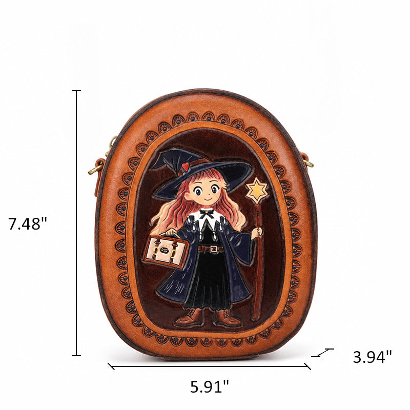Crossbody Bag Vegetable-Tanned Leather with Witch Artwork and Detachable Top Handle