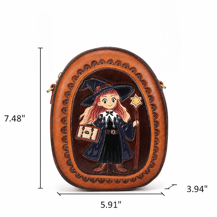Crossbody Bag Vegetable-Tanned Leather with Witch Artwork and Detachable Top Handle