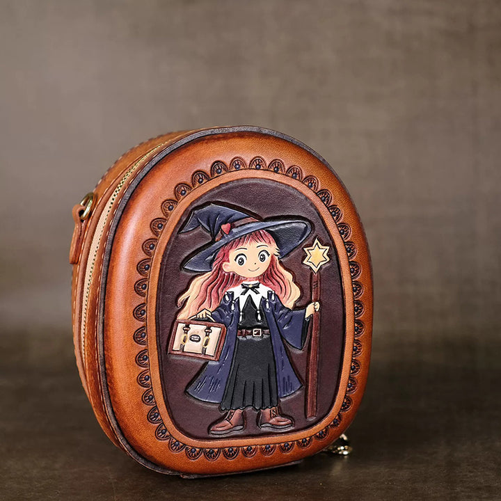 Crossbody Bag Vegetable-Tanned Leather with Witch Artwork and Detachable Top Handle