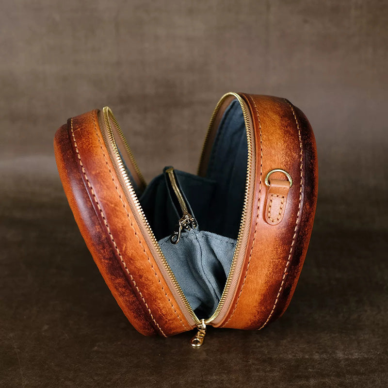 Crossbody Bag Vegetable-Tanned Leather with Witch Artwork and Detachable Top Handle