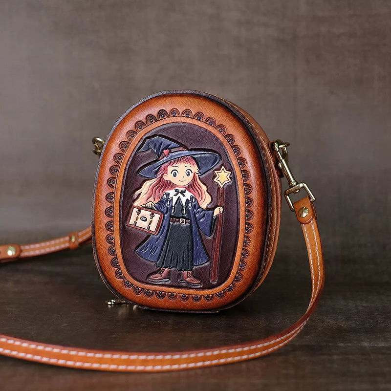Crossbody Bag Vegetable-Tanned Leather with Witch Artwork and Detachable Top Handle