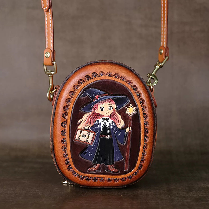 Crossbody Bag Vegetable-Tanned Leather with Witch Artwork and Detachable Top Handle