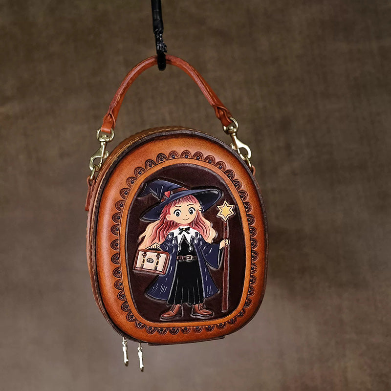 Crossbody Bag Vegetable-Tanned Leather with Witch Artwork and Detachable Top Handle