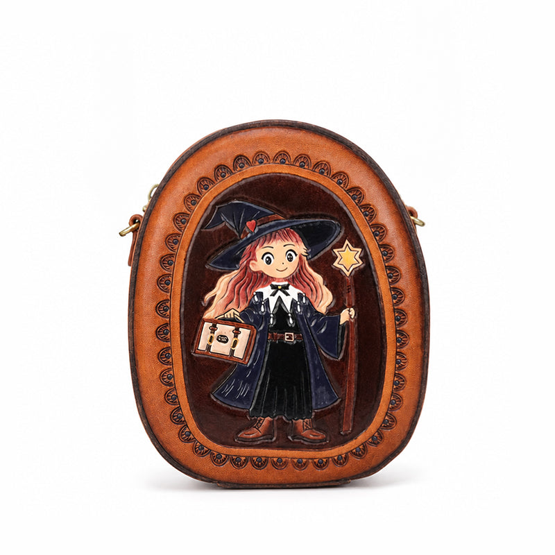 Crossbody Bag Vegetable-Tanned Leather with Witch Artwork and Detachable Top Handle