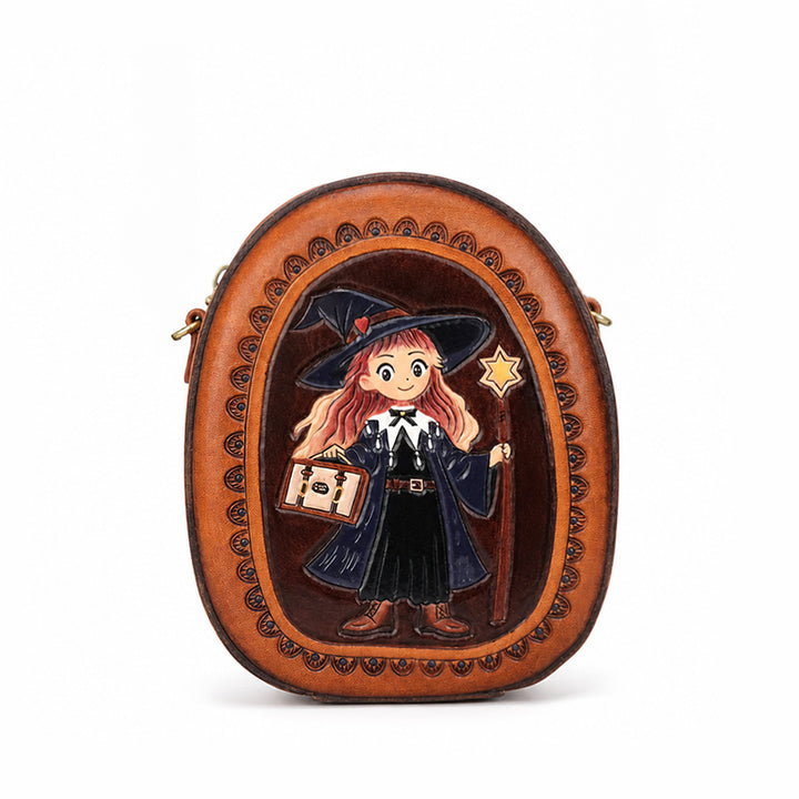 Crossbody Bag Vegetable-Tanned Leather with Witch Artwork and Detachable Top Handle