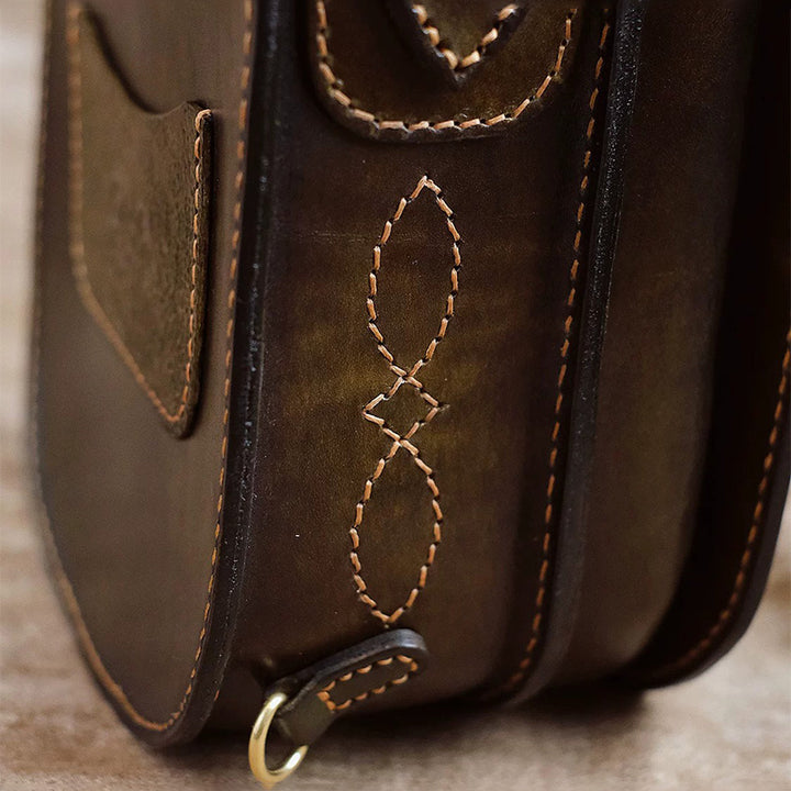 Satchel Backpack in Vegetable-Tanned Leather with Hand-Carved Luna Moth