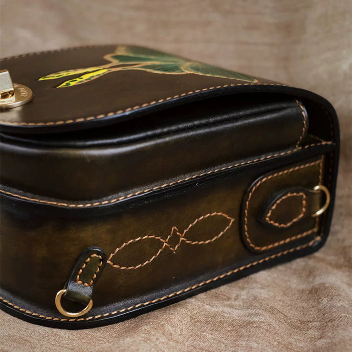 Satchel Backpack in Vegetable-Tanned Leather with Hand-Carved Luna Moth