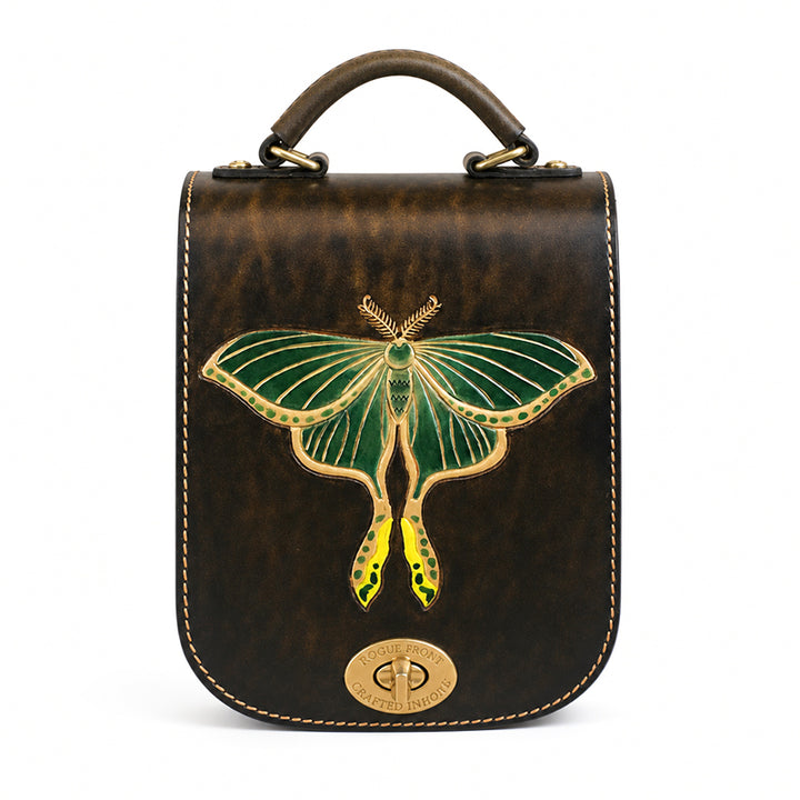 Satchel Backpack in Vegetable-Tanned Leather with Hand-Carved Luna Moth