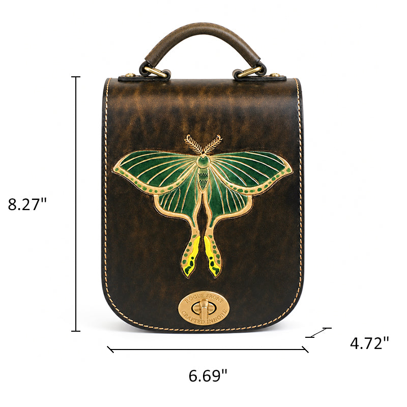 Satchel Backpack in Vegetable-Tanned Leather with Hand-Carved Luna Moth
