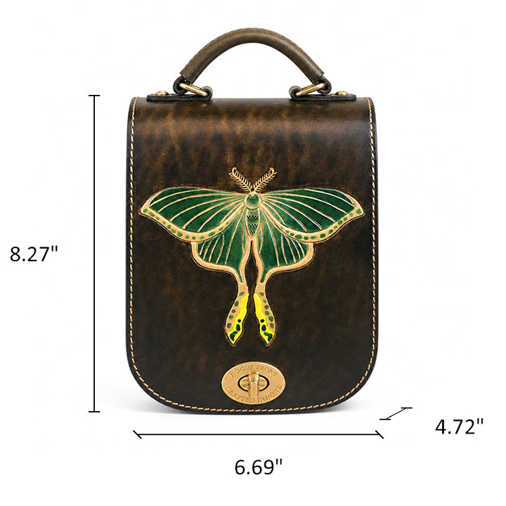 Satchel Backpack in Vegetable-Tanned Leather with Hand-Carved Luna Moth
