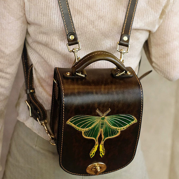 Satchel Backpack in Vegetable-Tanned Leather with Hand-Carved Luna Moth
