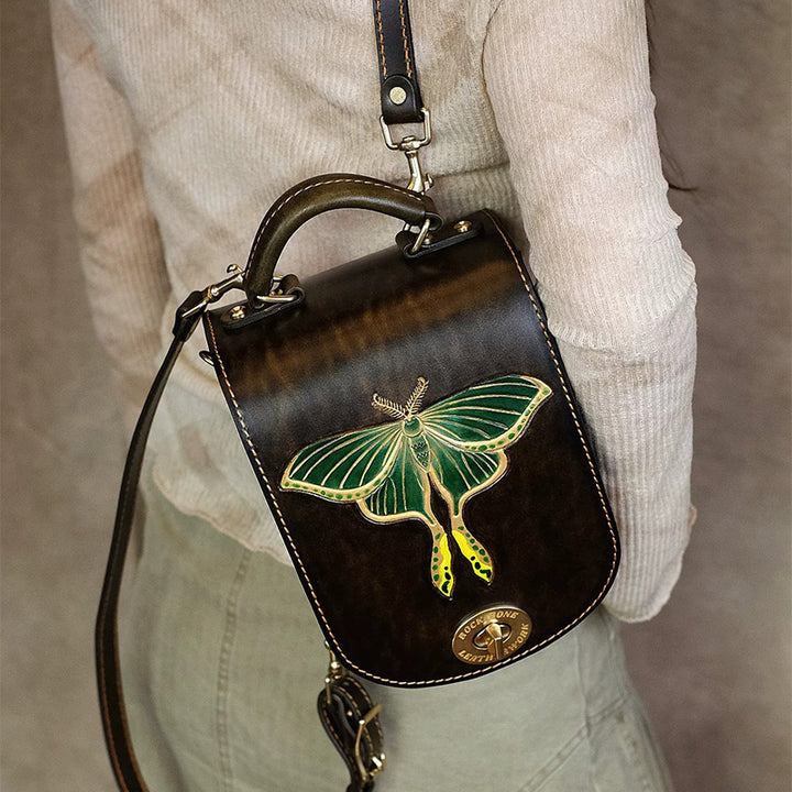Satchel Backpack in Vegetable-Tanned Leather with Hand-Carved Luna Moth