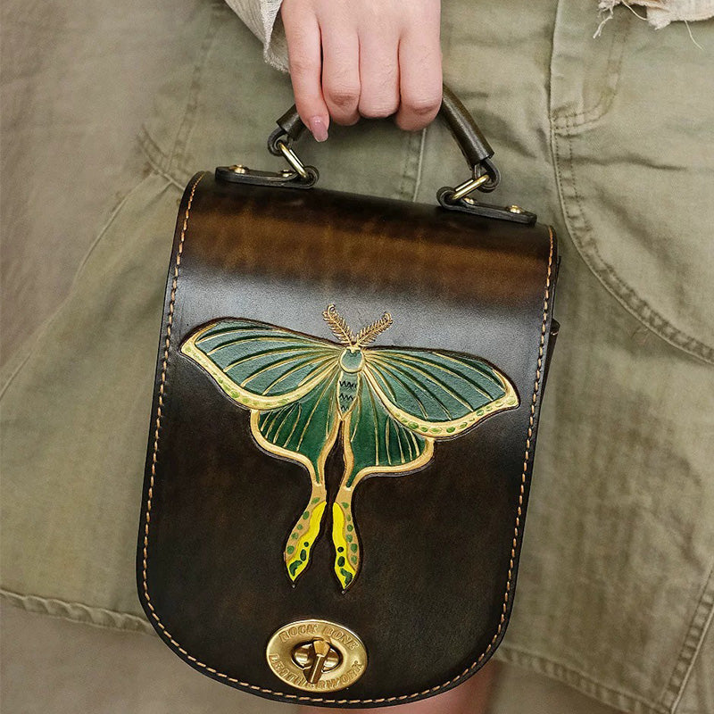 Satchel Backpack in Vegetable-Tanned Leather with Hand-Carved Luna Moth